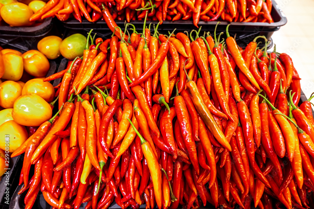 Red chili on the traditional vegetable market on Bali island, Indonesia. Red chili on the traditional vegetable market on Bali island, Indonesia.