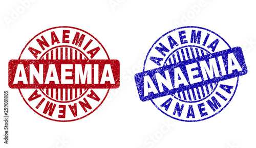 Grunge ANAEMIA round stamp seals isolated on a white background. Round seals with grunge texture in red and blue colors. Vector rubber imprint of ANAEMIA tag inside circle form with stripes.
