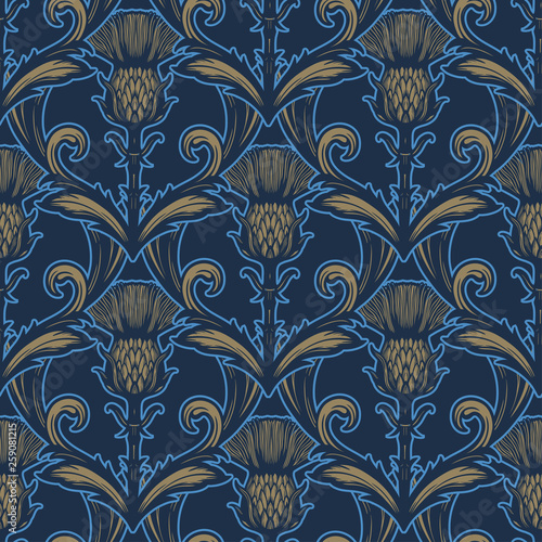 Beautiful bohemian damask seamless ornament with thistle flower.