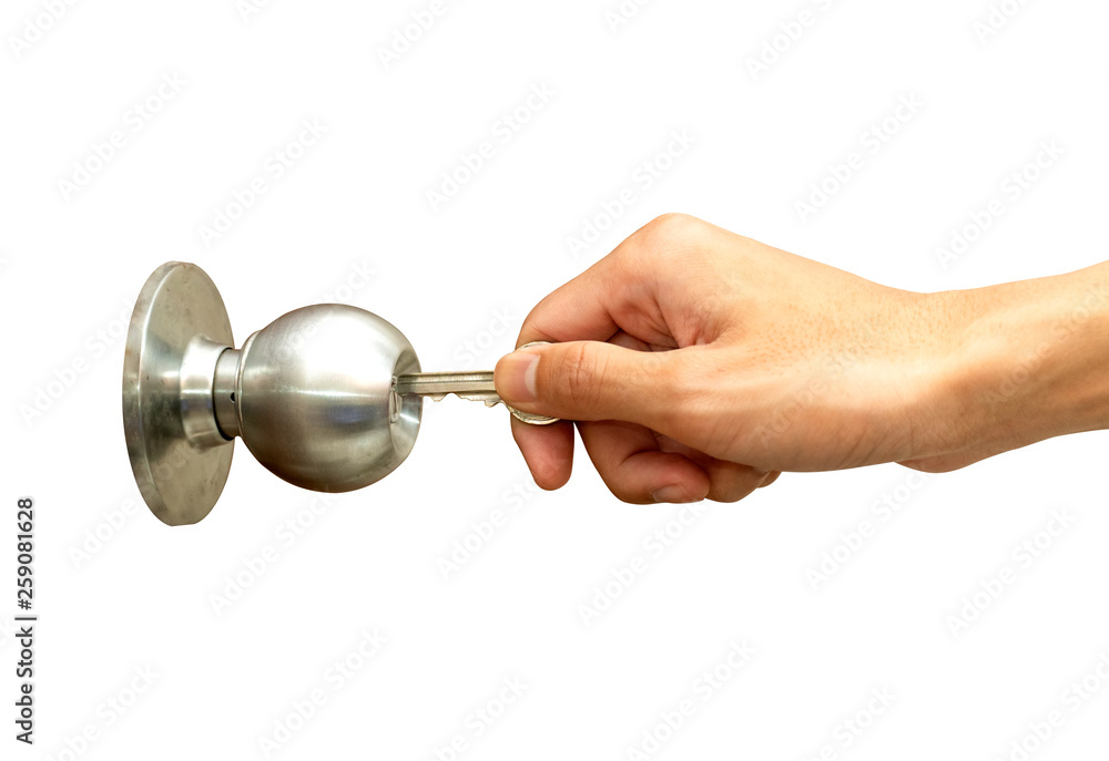 man's hand holding the key will open the door knob. isolated from a white background. home security concept. clipping path. illustration