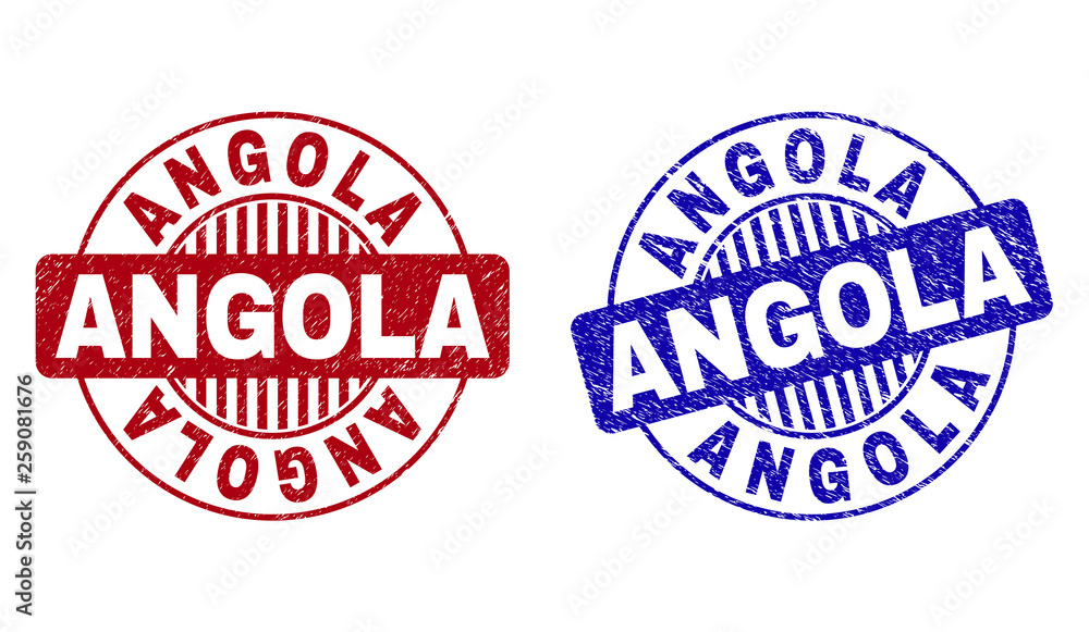 Grunge ANGOLA round stamp seals isolated on a white background. Round seals with grunge texture in red and blue colors. Vector rubber imitation of ANGOLA caption inside circle form with stripes. Grunge ANGOLA round stamp seals isolated on a white background. Round seals with grunge texture in red and blue colors. Vector rubber imitation of ANGOLA caption inside circle form with stripes.