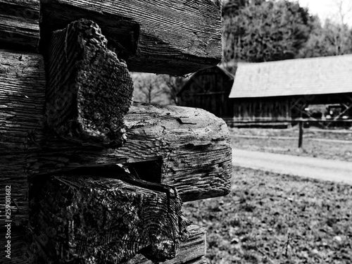 old cottage hut wooden wall black and white