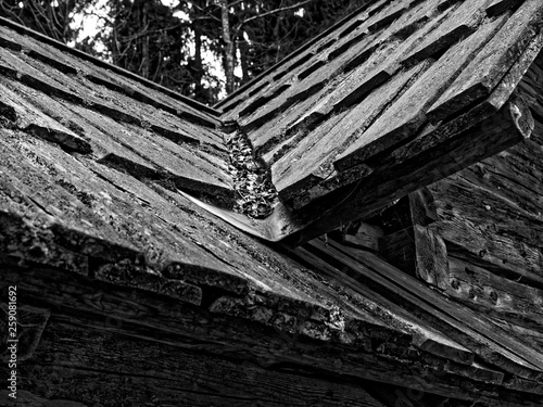 old cottage hut roof wall black and white
