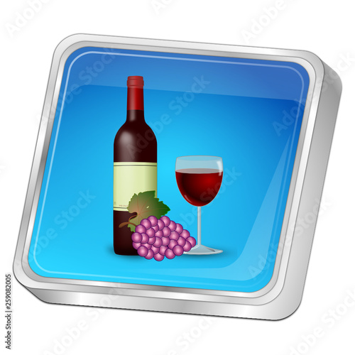 Button with wine bottle, a glass of wine and Grapes - 3D illustration