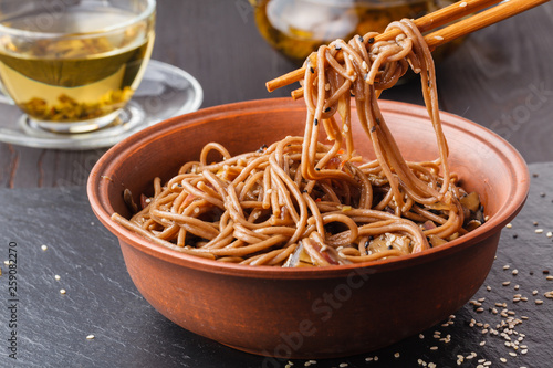 Soba noodles with mushrooms photo