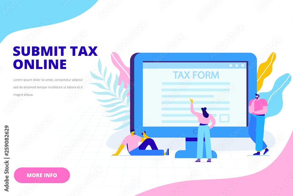  Online tax payment concept. Submit tax online. People filling tax form. Flat vector illustration for web. 