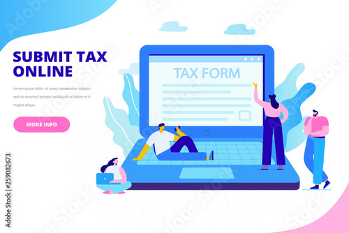  Online tax payment concept. Submit tax online. People filling tax form. Flat vector illustration for web. 