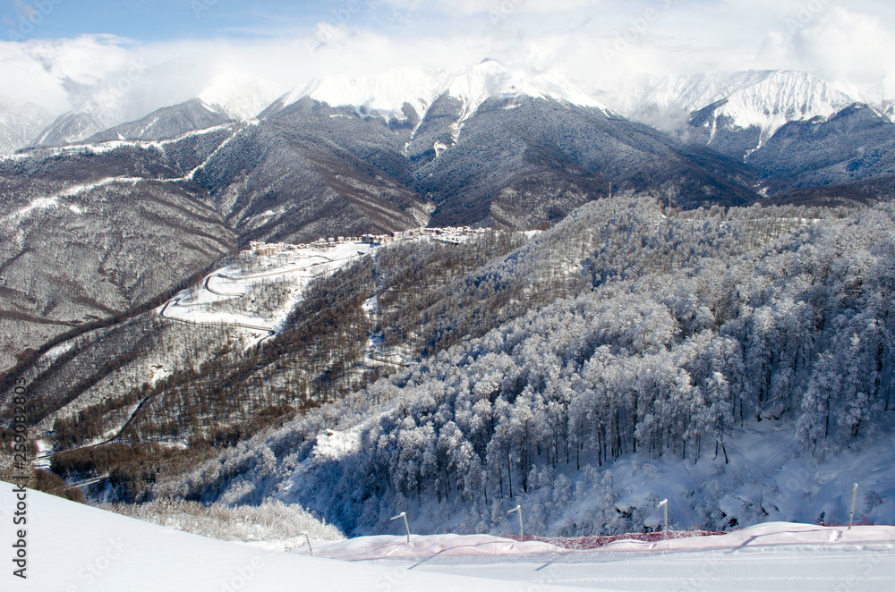 Amazing view of the Caucasus mountains in the ski resort Krasnaya Polyana Russia