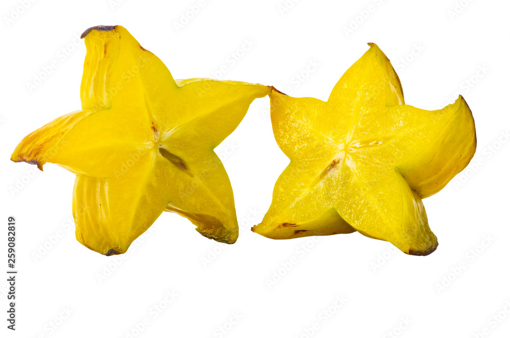 Yellow star fruit or carambola sliced macro isolated on white background Yellow star fruit or carambola sliced macro isolated on white background
