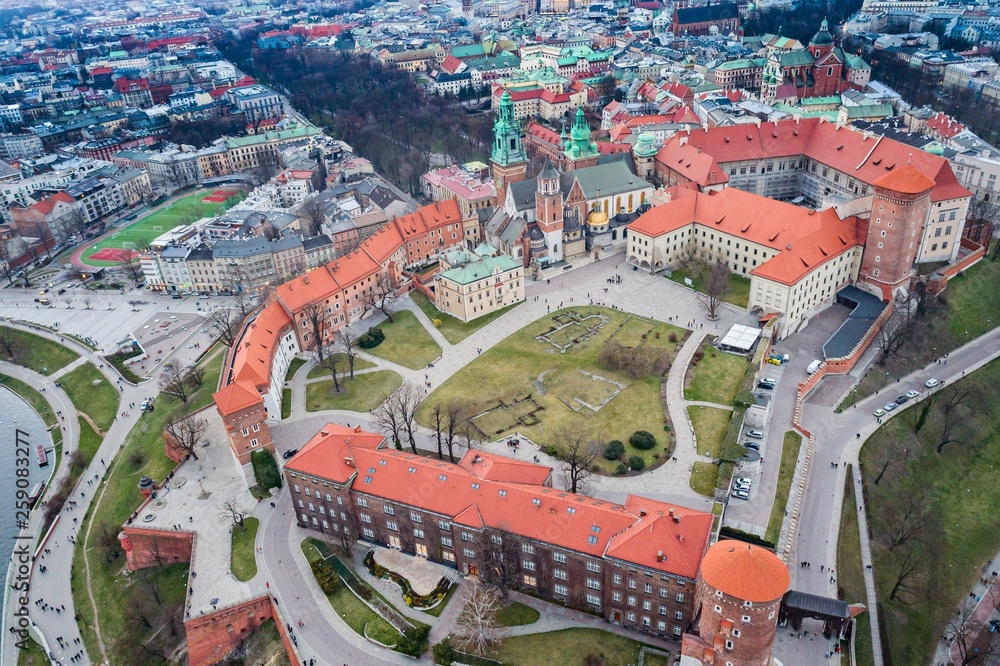 Aerial drone view on Wawel castle over Vistula river in Cracow.