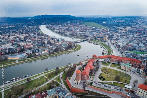 Aerial drone view on Wawel castle over Vistula river in Cracow.
