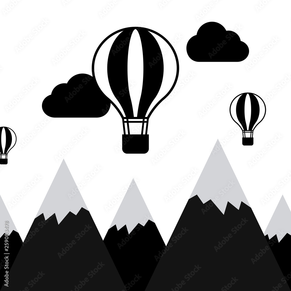 Fototapeta Czarno białe balony nad górami - ilustracja dziecięca 