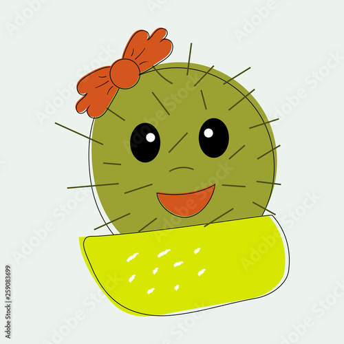 Fun simple naive cute cactus girl with red the bow flower on the head in yellow pot.For decoration of children t-shirts,dresses, pajamas,bed linen,underwear,pillowcases and pillows.Vector illustration