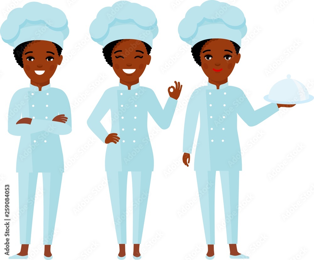 Characters set of smiling female cooks in restaurant . Collection of chef woman in white hat in different poses. Characters set of smiling female cooks in restaurant . Collection of chef woman in white hat in different poses.