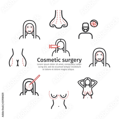 Cosmetic surgery banner. Elements of infographics. Breast augmentation signs. Vector symbols