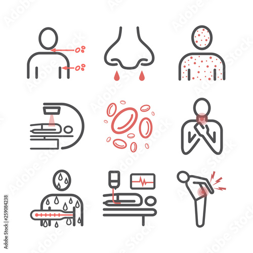 Leukemia symptoms. Symptoms, Treatment. Line icons. Vector signs.