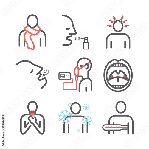 Laryngitis. Symptoms, Treatment. Line Icons set. Vector illustration