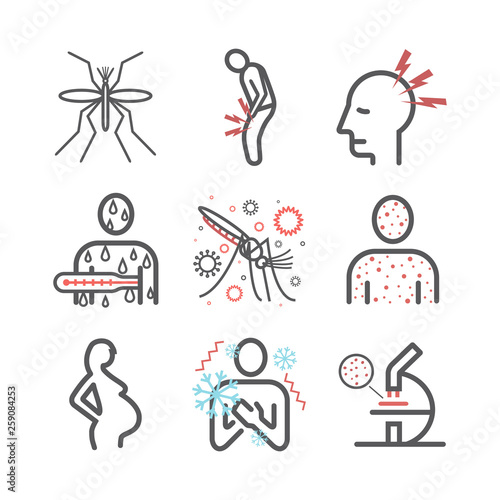 Malaria line icon. Infographics. Symptoms, Vector signs for web graphics.
