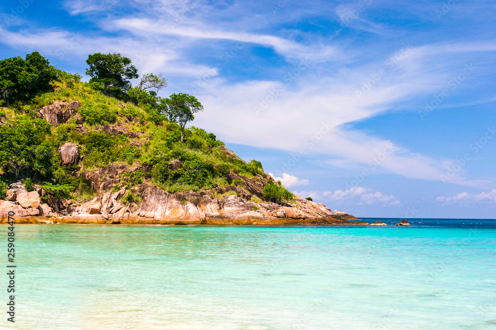 Beautiful tropical beach with pur white and blue sky and nobody or crowded tourist to fight for an inch of sun light Beautiful tropical beach with pur white and blue sky and nobody or crowded tourist to fight for an inch of sun light