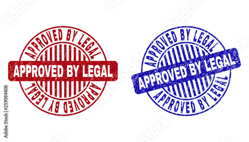 Grunge APPROVED BY LEGAL round stamp seals isolated on a white background. Round seals with grunge texture in red and blue colors.