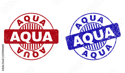 Grunge AQUA round stamp seals isolated on a white background. Round seals with grunge texture in red and blue colors. Vector rubber watermark of AQUA title inside circle form with stripes.