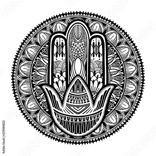 Hamsa talisman religion Asian. Black color graphic in white background. Symbol of protection and talisman against the evil eye.Tattoo motif.