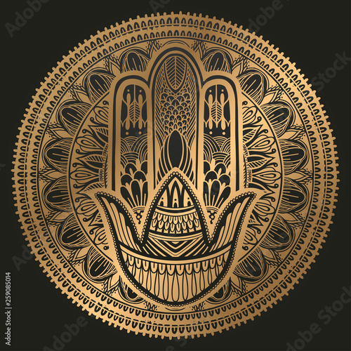 Hamsa talisman religion Asian. Gold gradient color graphic in black background. Symbol of protection and talisman against the evil eye.