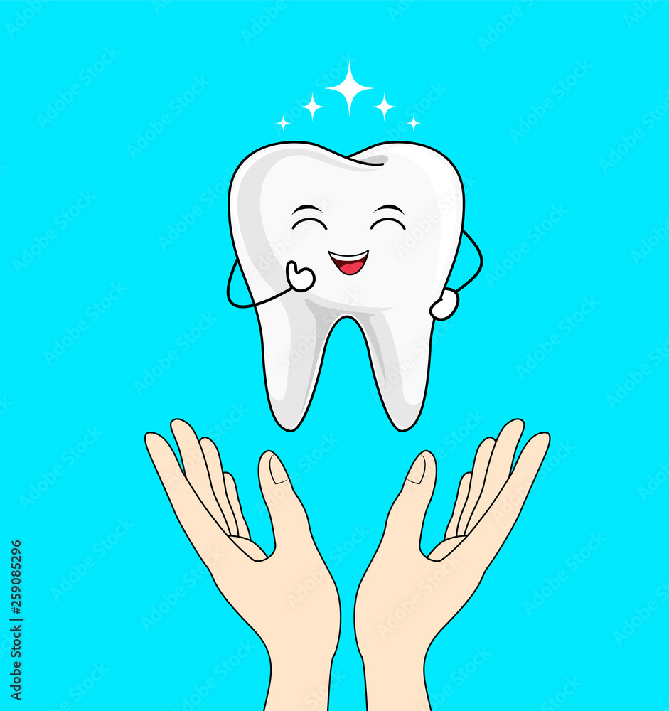 cute cartoon happy tooth character with human hands. Dental care concept. Vector illustration isolated on blue background. cute cartoon happy tooth character with human hands. Dental care concept. Vector illustration isolated on blue background.
