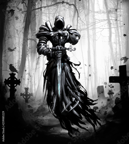 Fotografía Dark spirit in armor with a sword flies through the gray cemetery with crows