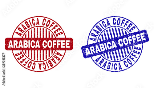 Grunge ARABICA COFFEE round stamp seals isolated on a white background. Round seals with grunge texture in red and blue colors.