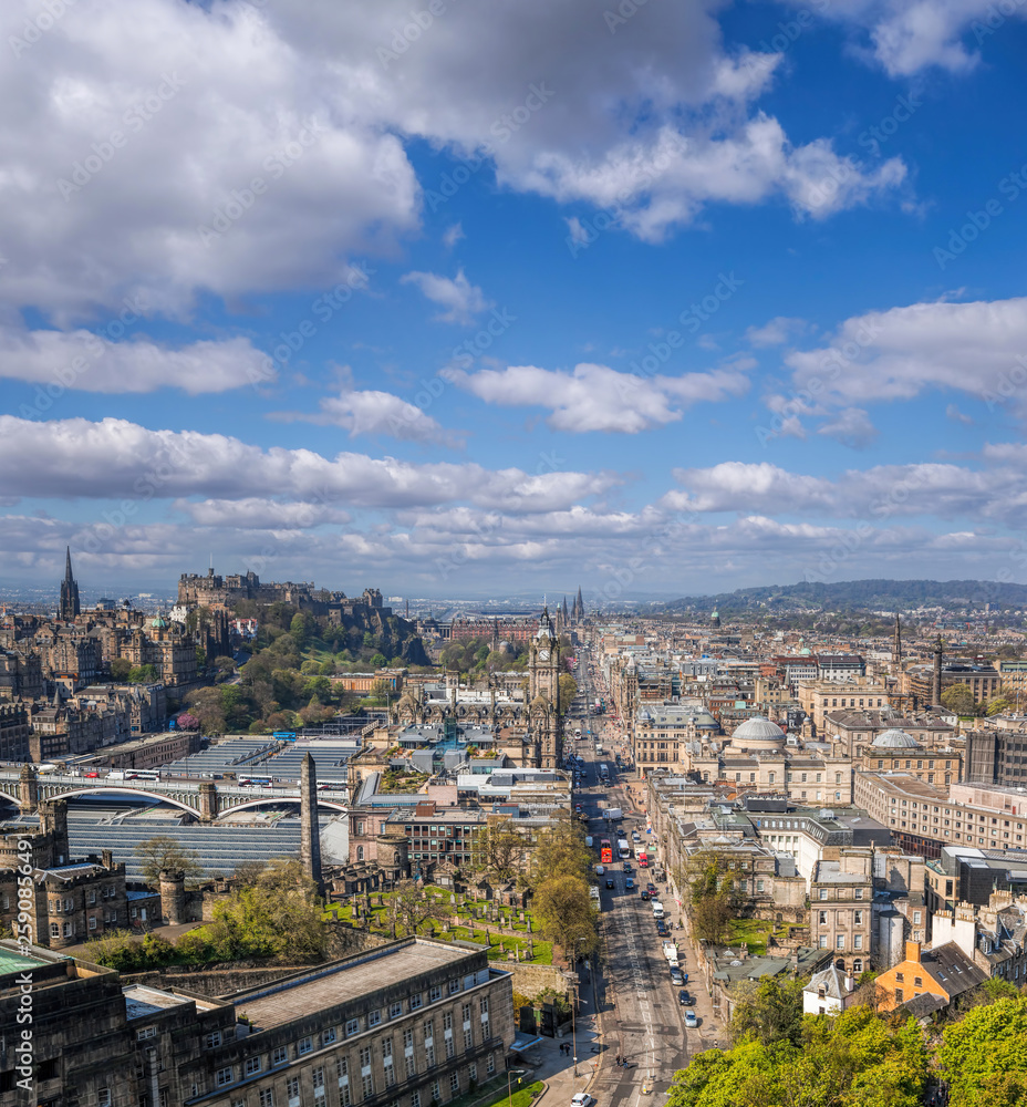 Panorama of old town Edinburgh with Princess street against castle in Scotland