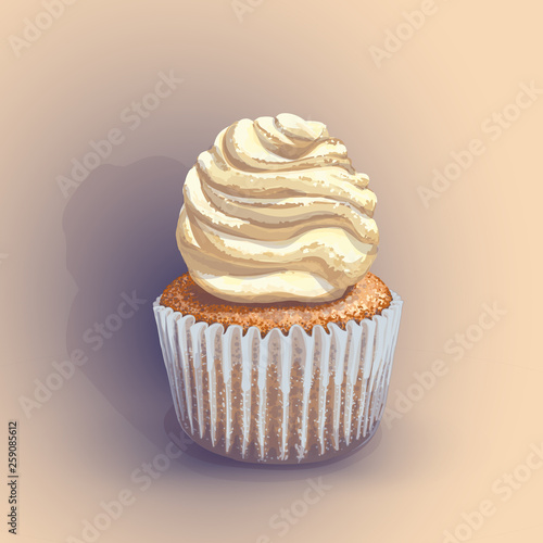 Vector of a crumbly, gentle wet biscuit cupcake with a stunning cream soft air cheese cream, beige color, taste like creme brulee. Blue paper cake pans got wet from the juiciness of the cake