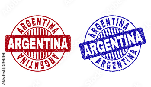 Grunge ARGENTINA round stamp seals isolated on a white background. Round seals with distress texture in red and blue colors.