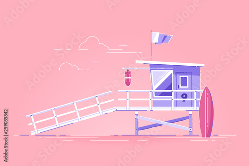 Lifeguard tower with flag on the beach. Modern vector illustration.