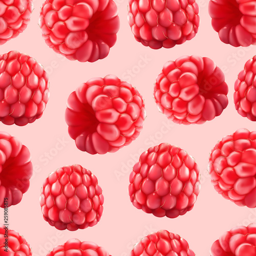 Raspberries seamless pattern. 3d realistic vector berries.