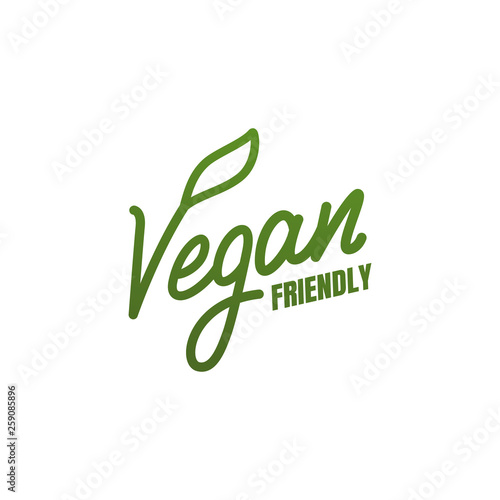 Vegan friendly. Vector lettering label for Vegan food products.