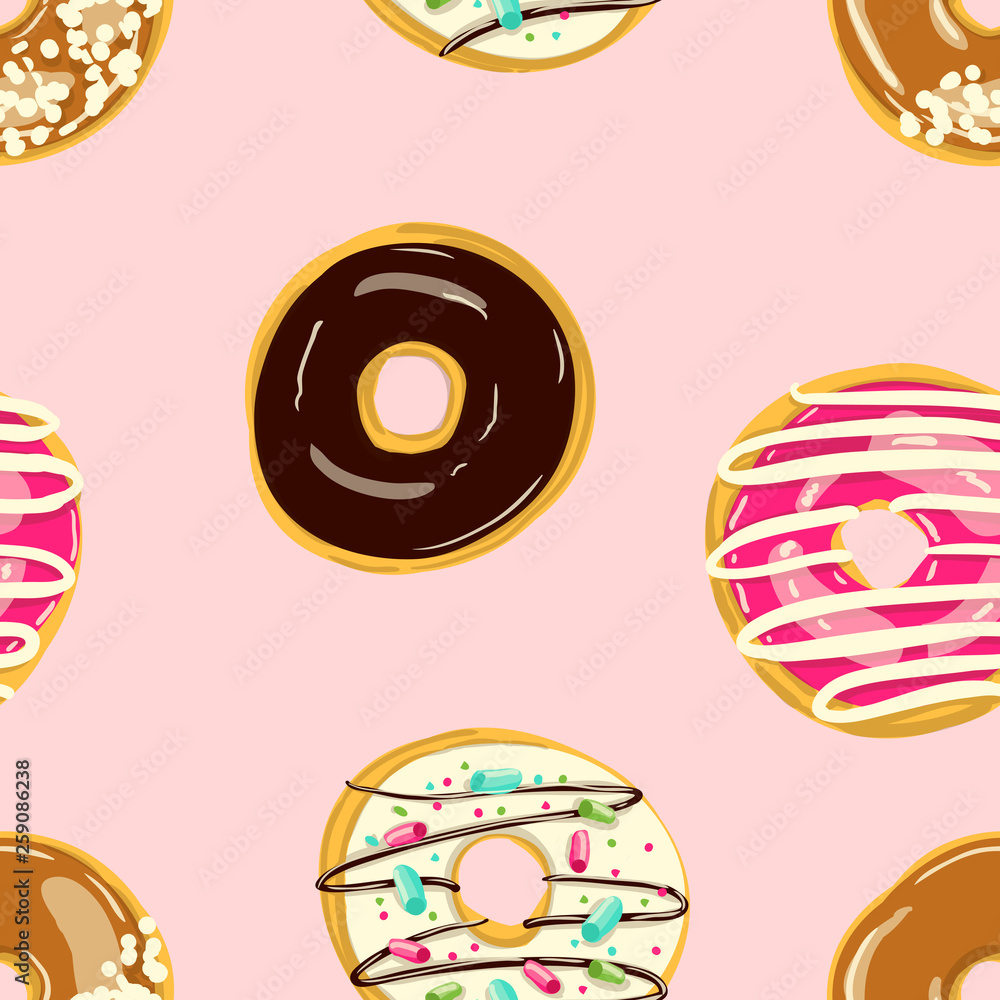 Glazed Donuts seamless pattern. Bakery Vector illustration. Top View doughnuts Glazed Donuts seamless pattern. Bakery Vector illustration. Top View doughnuts