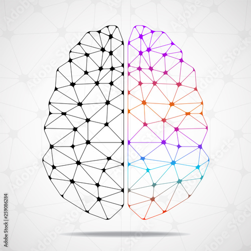 Abstract geometric brain of left and right hemisphere, network connections