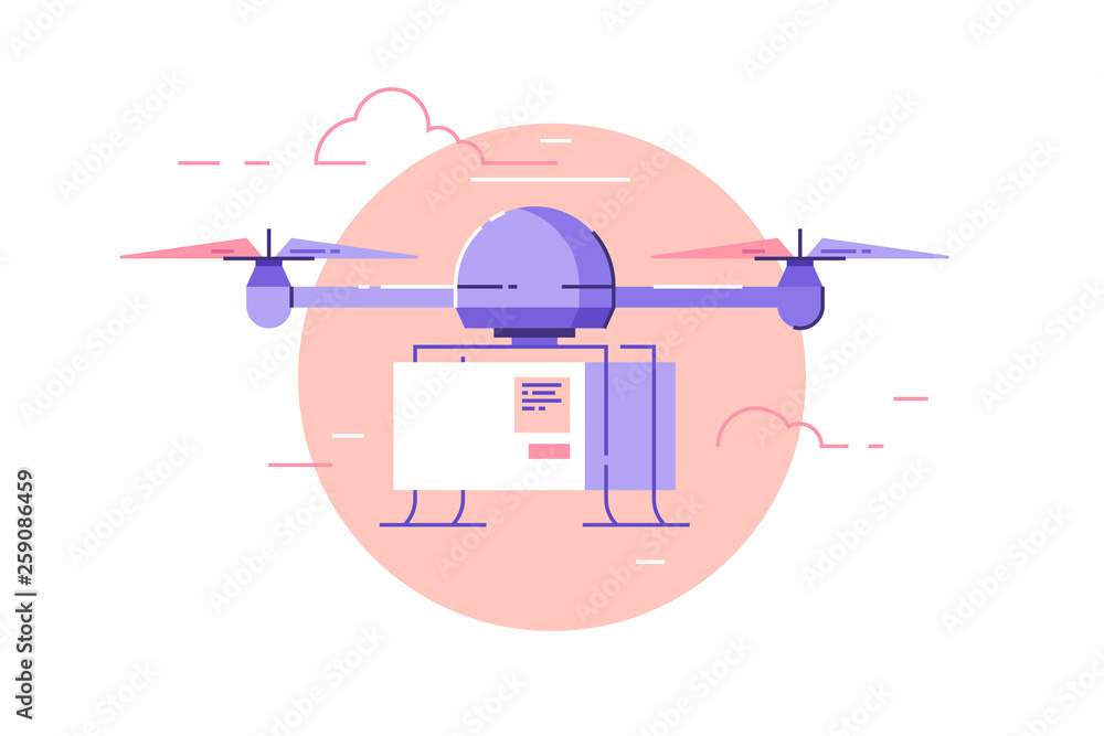 Drone delivery concept vector illustration. Drone is flying in the sky ...
