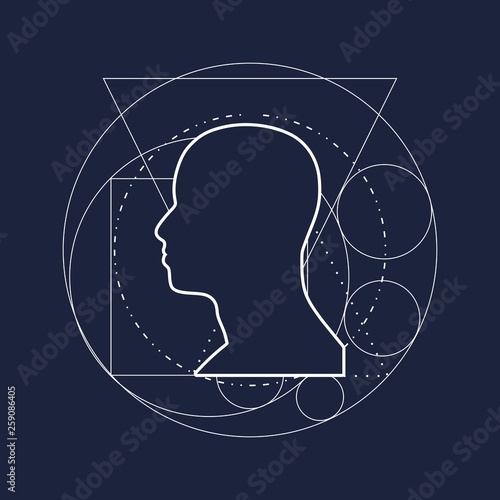 Mystical geometry symbol. Linear alchemy, occult, philosophical sign. For music album cover, poster, sacramental design. Astrology and religion concept. Outline silhouette of human head