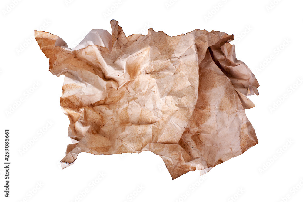 Сrumpled old brown paper ball on white background isolated close up, wrinkled dirty used sheet of paper, burnt stained pattern texture, garbage recycling concept, trash utilization design element Сrumpled old brown paper ball on white background isolated close up, wrinkled dirty used sheet of paper, burnt stained pattern texture, garbage recycling concept, trash utilization design element