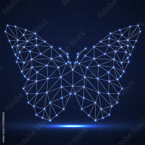 Abstract neon butterfly of lines and dots, glowing polygonal geometric structure
