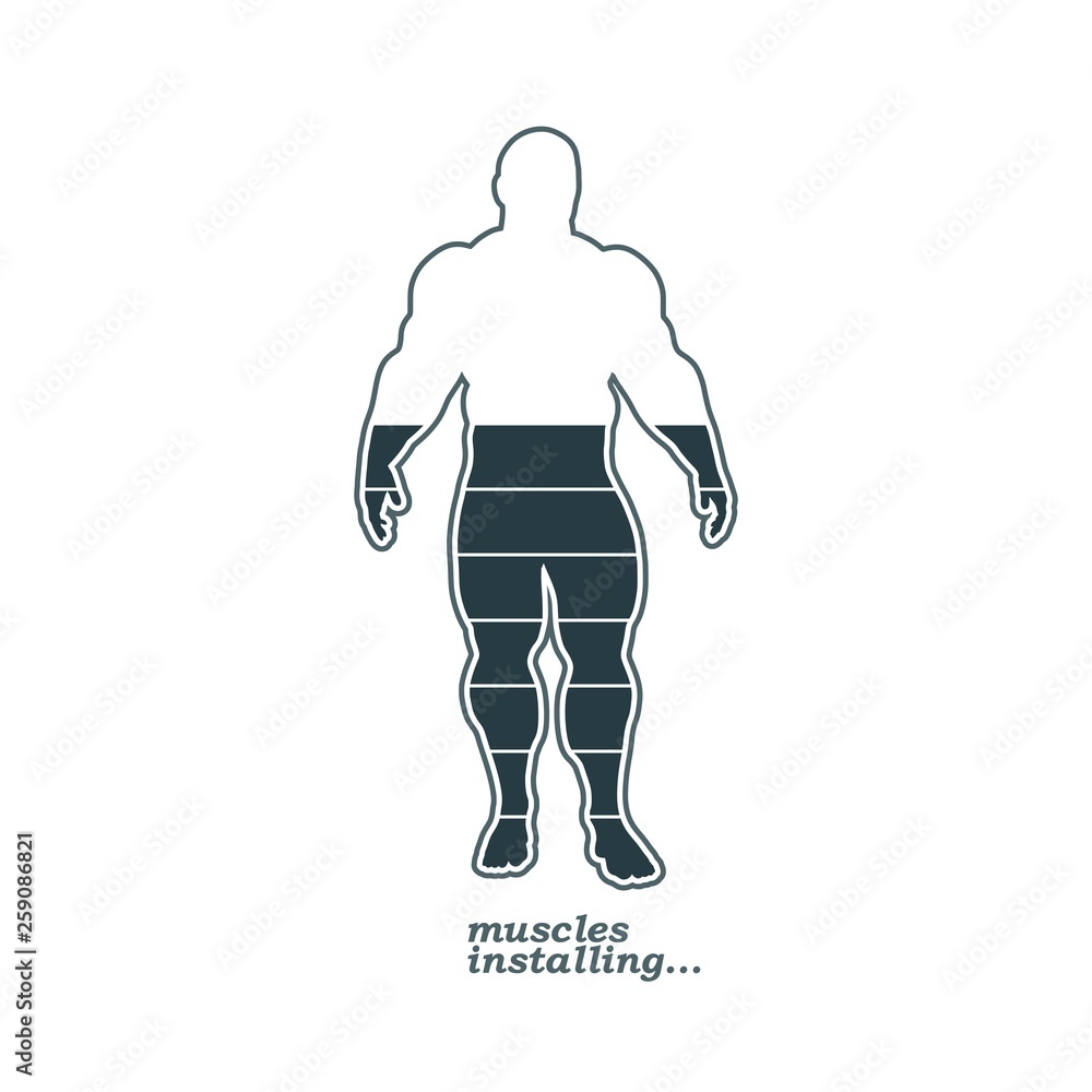 Fototapeta premium Installing muscles please wait. Humorous hand written quote. Bodybuilder outline silhouette. Muscular man posing. Simple style illustration. Sport concept.