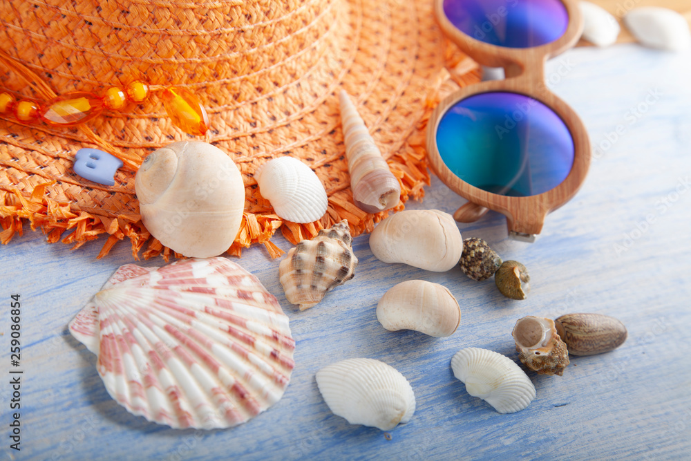 beach accessories glasses hat cockleshells