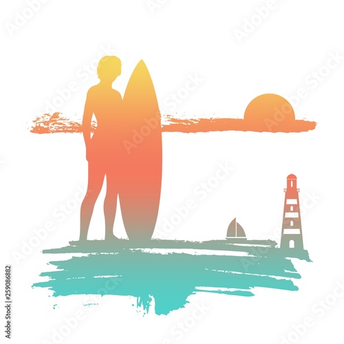 Woman posing with surfboard on grunge brush stroke. Vintage Surfing Graphic and Emblem. Palm and lifeguard tower on backdrop.