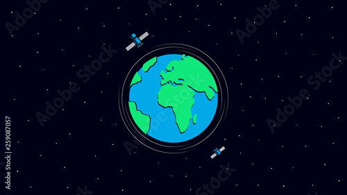 Happy Earth Day. Earth and satellites in space. Template for Banner, Poster or Flyer. Vector illustration