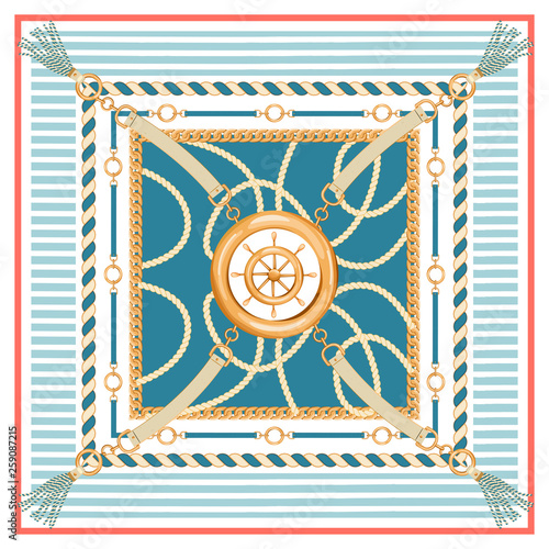 Abstract geometric pattern with golden chains, rope, belts, tassels, ship wheel and marine stripes. Fashion print for textile, scarf, silk shawls and cravat design. Vector illustration.