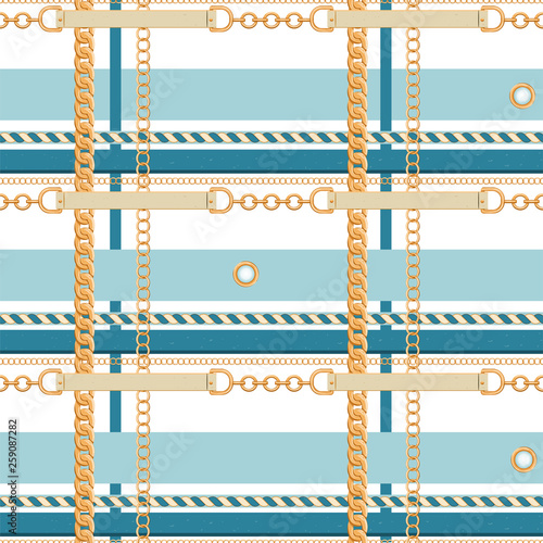 Checkered seamless pattern with golden chains, belts and rope. Marine striped background. Fashion print for textile, scarf, wrapping paper and tablecloth design. Vector illustration.