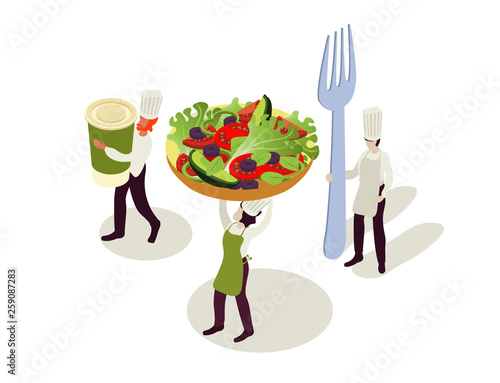 Cooks with salad, coffee and fork. Business lunch delivery. Isometric flat people on a white background