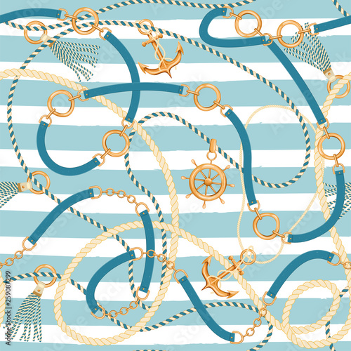 Seamless pattern with ropes, belts, tassels, ship wheel and anchor. Marine striped background. Trendy print for textile, wrapping paper, scarf, web background. Vector illustration.